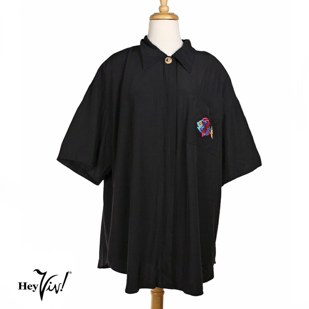 Vintage Pride & Joys Shirt Black Rayon Embroidery Plus Size 24 B54 W54 - Hey Viv - Picture 2 of 8